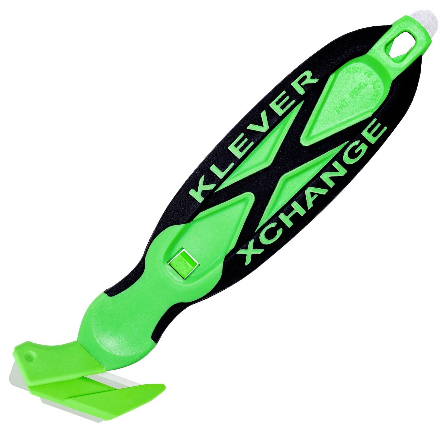 Green-and-black Kleever XChange hand tool with angled head and scraper-like blade on a white background.