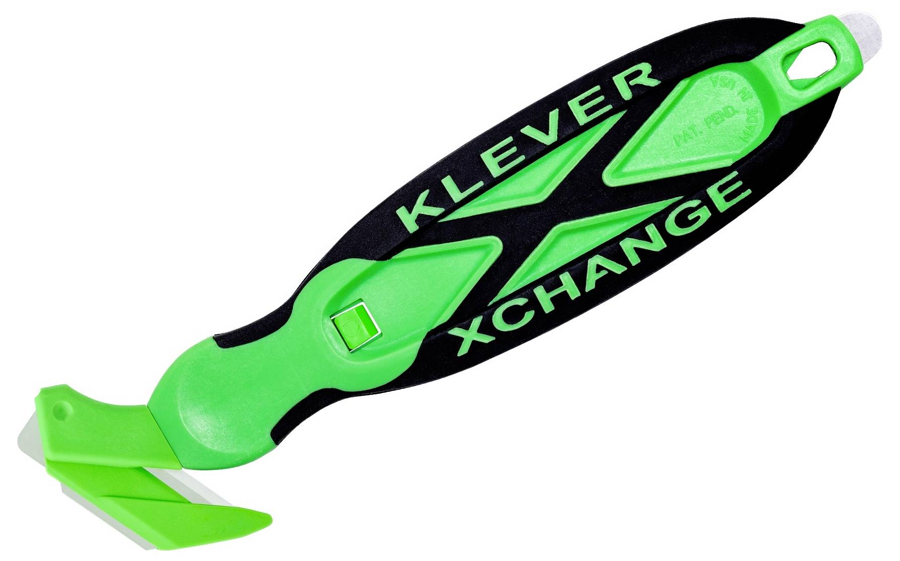 Green and black KLEVER XCHANGE safety cutter knife with angled blade and handle loop on white background.