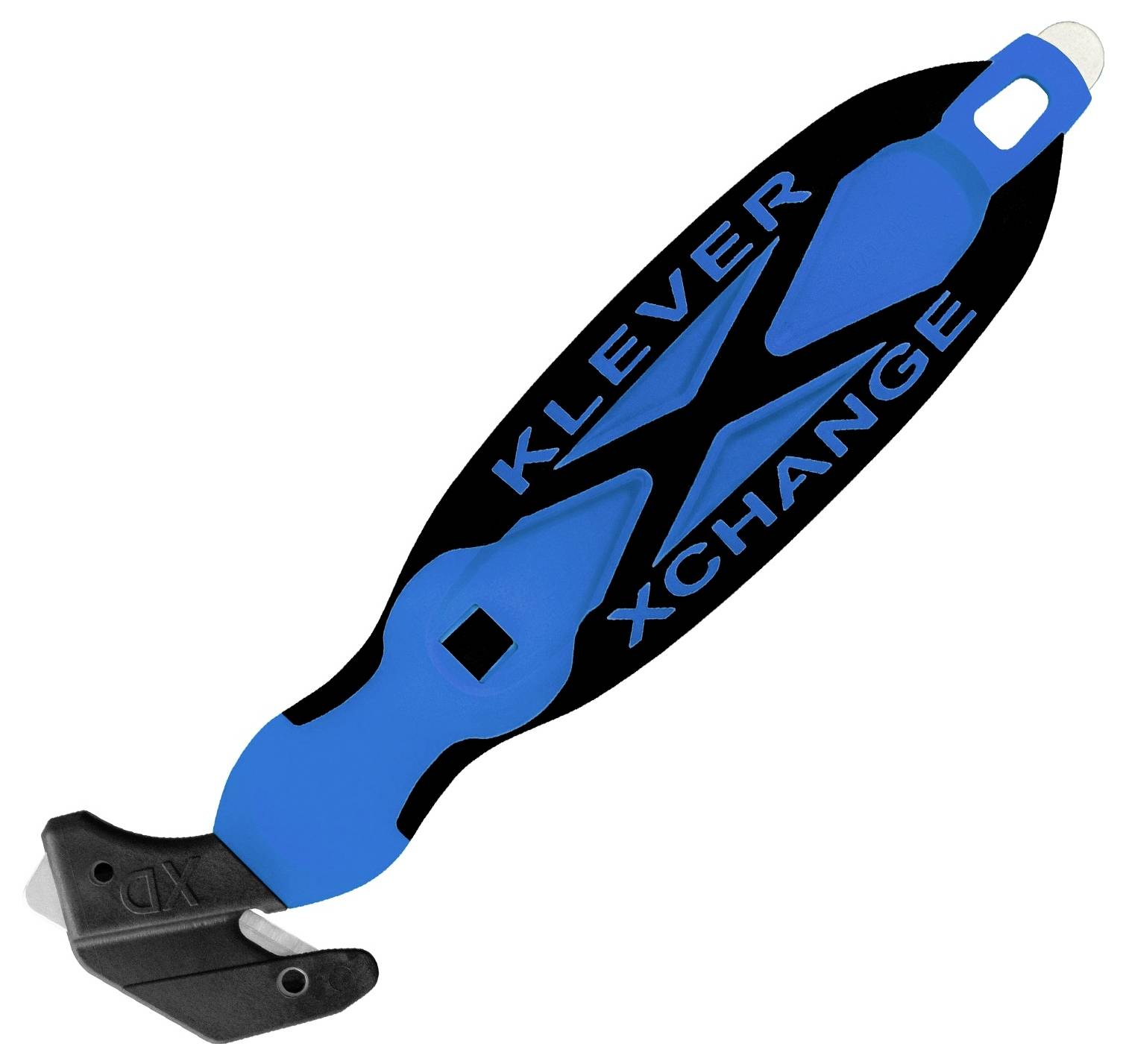 Blue and black KLEVER XCHANGE safety cutter knife with hooked blade, shown on a white background.