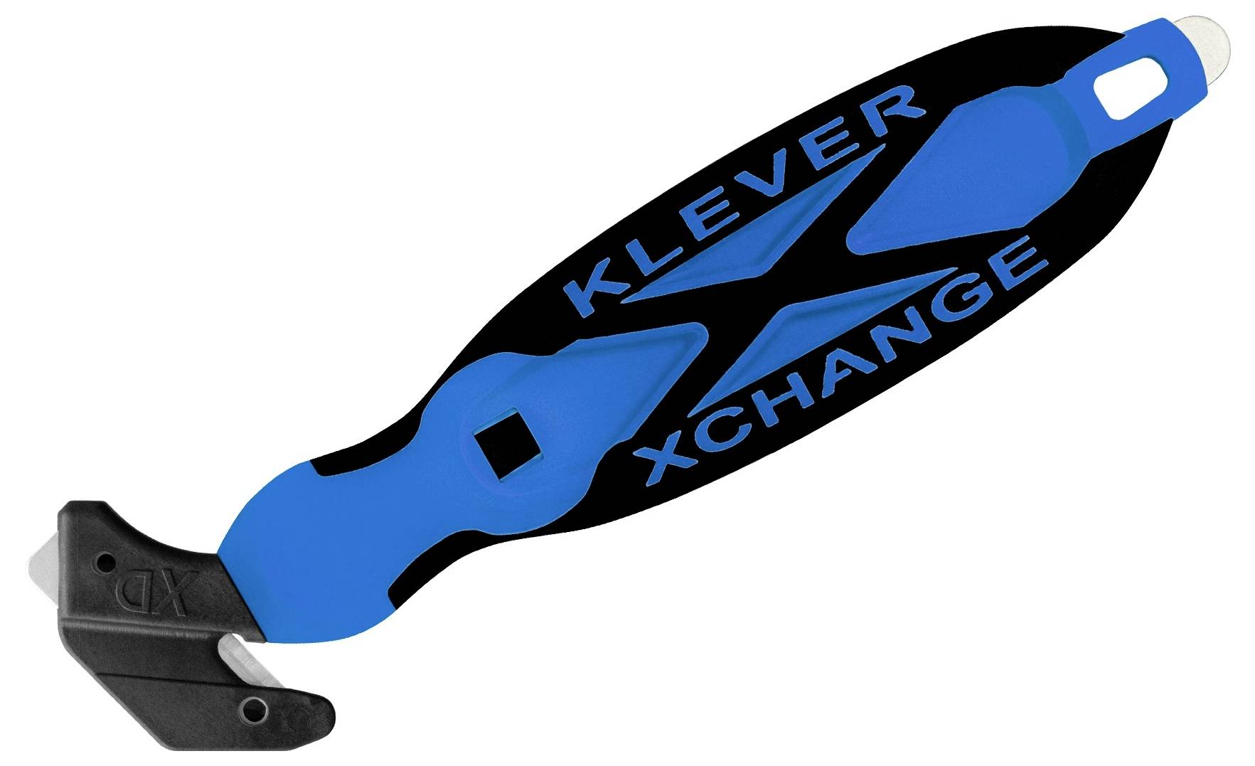 Blue and black KLEVER XCHANGE safety cutter knife with retractable blade on a white background.