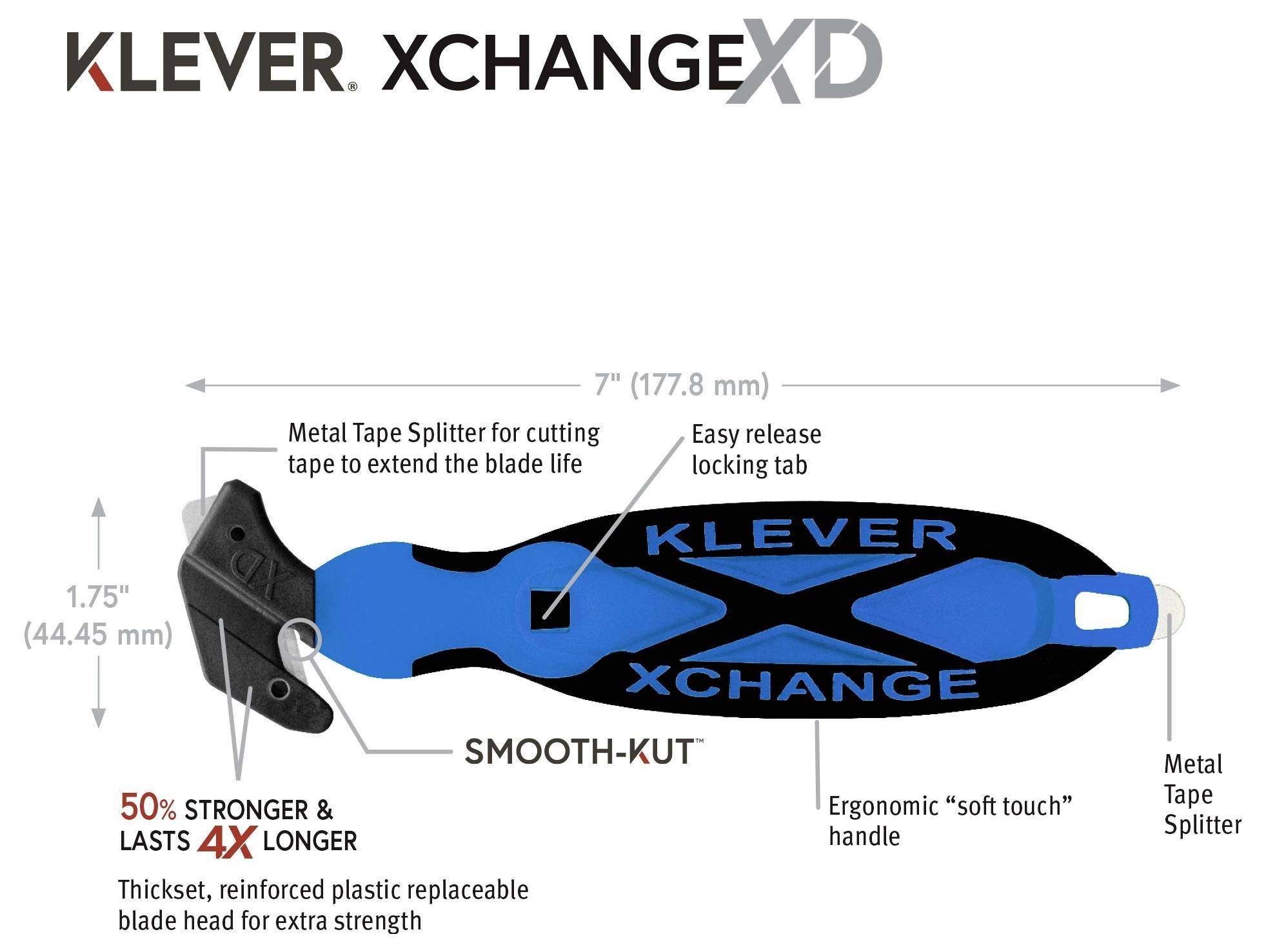 Illustration of the Klever XChange XD safety cutter, showing its 7-inch size, metal tape splitter, easy-release locking tab, ergonomic soft-touch handle, and replaceable blade head for stronger, longer use.