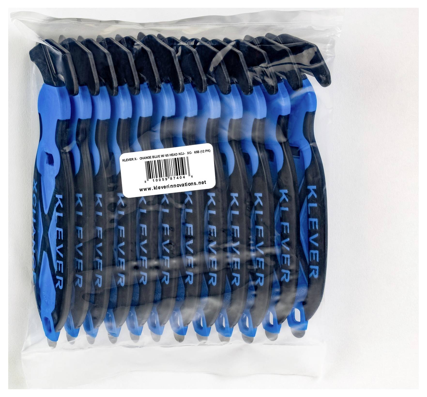 Package of blue and black Klever utility knives stacked in clear plastic wrapping with a product label.