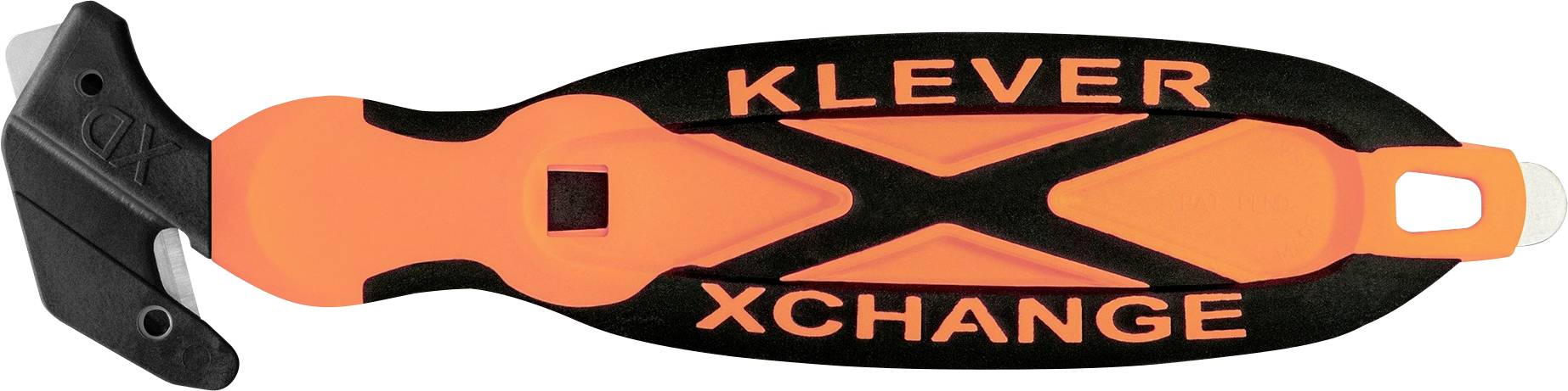 Orange and black KLEVER XCHANGE hand tool or cutter with a curved black handle and hanging slot on the right end