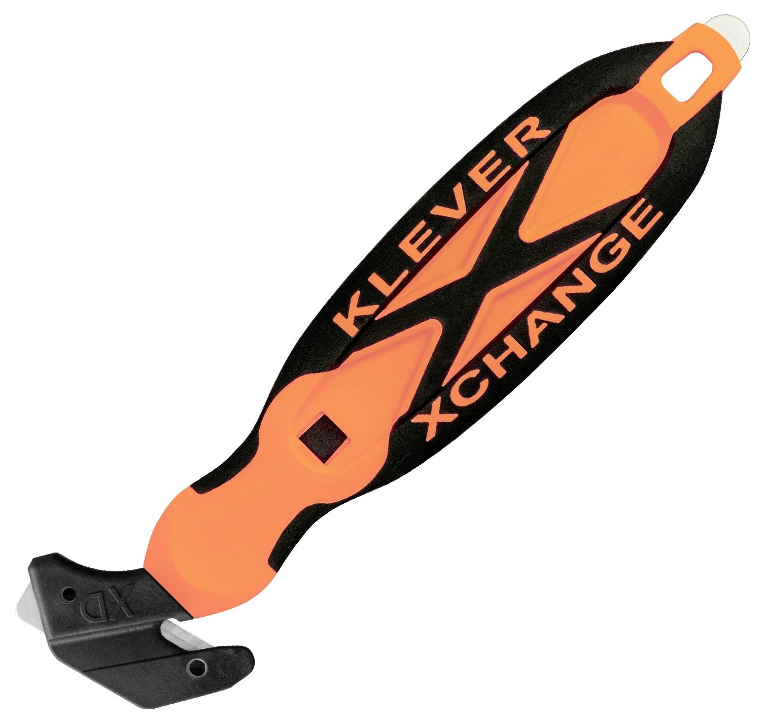 Orange-and-black KLEVER XCHANGE cutting tool with a black blade guard on a white background.
