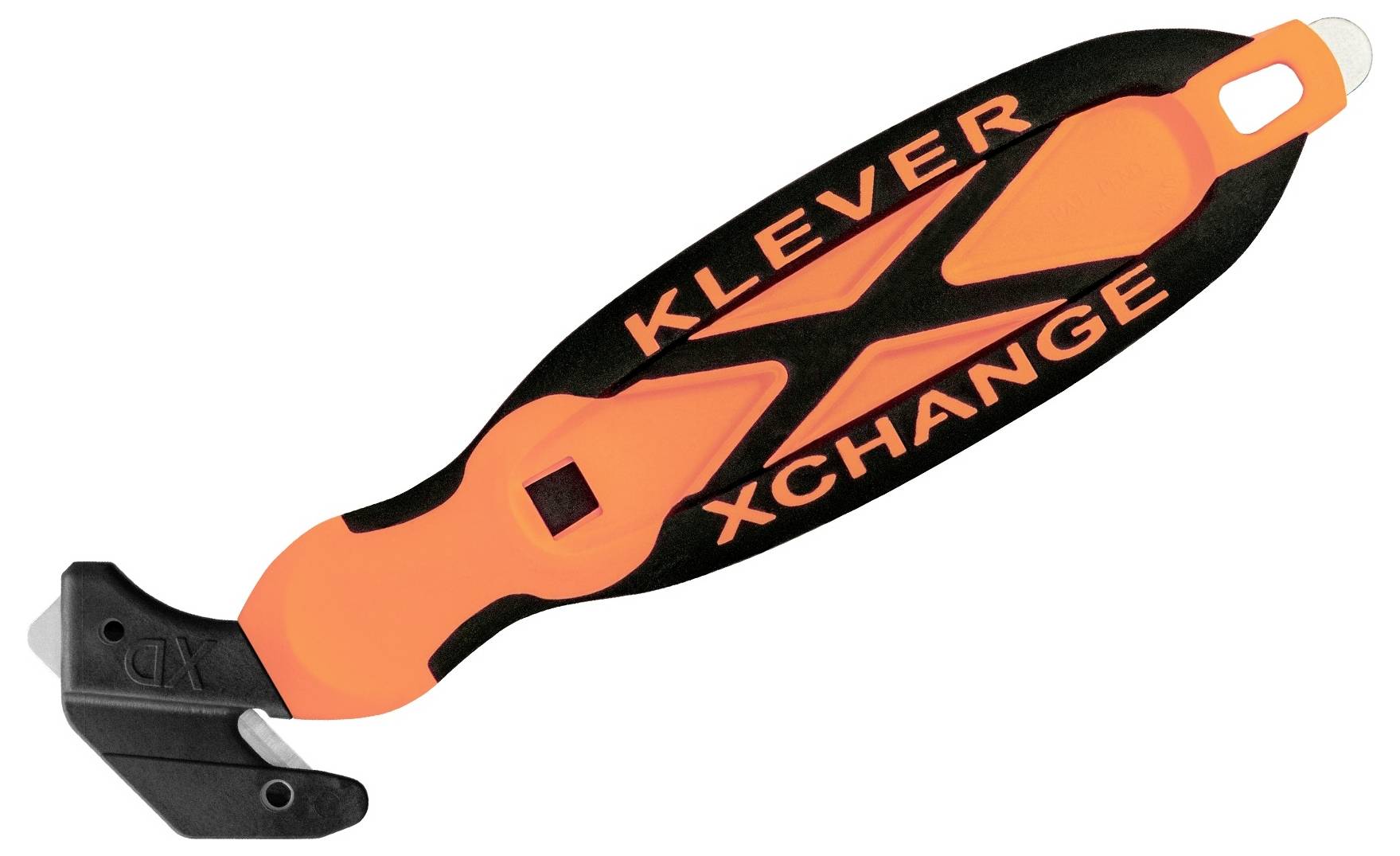 Orange and black KLEVER XCHANGE safety cutter with hooked blade and ergonomic handle on white background.