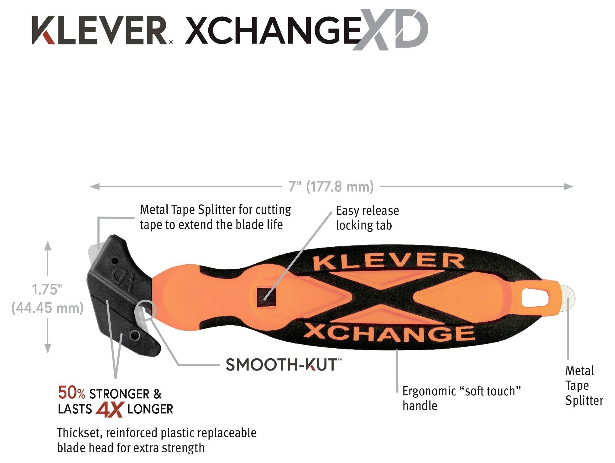 Product diagram of the Klever Xchange XD safety cutter, showing a 7-inch blade with metal tape splitter, easy-release locking tab, ergonomic soft-touch handle, and replaceable blade head.