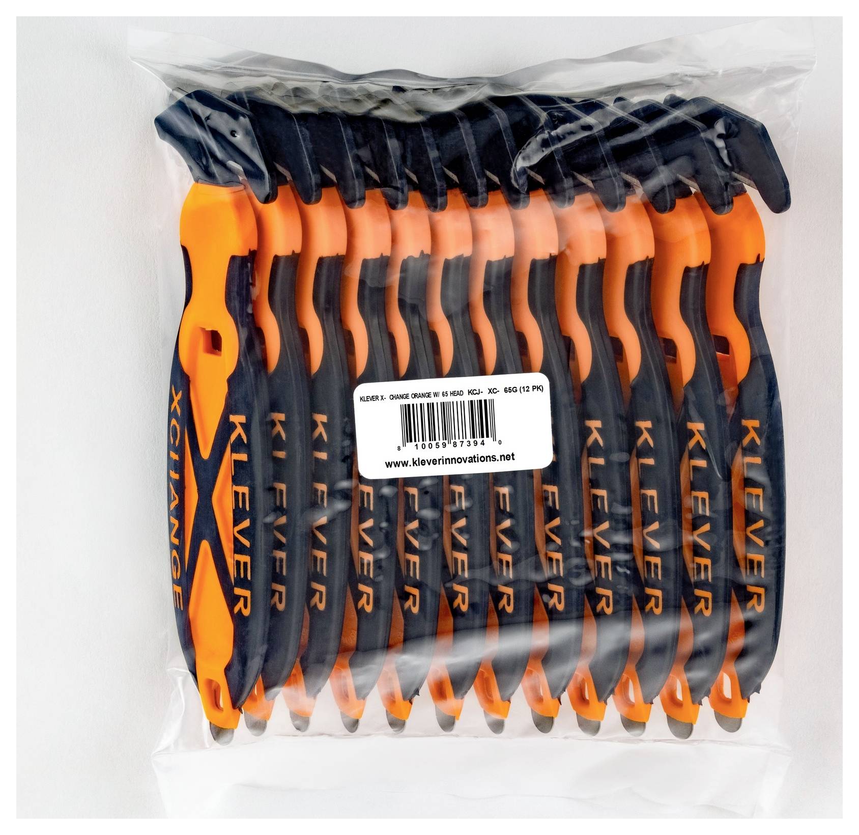 Bag of 12 orange-and-black KLEVER safety cutters packaged for retail display, with a product barcode label in the center.