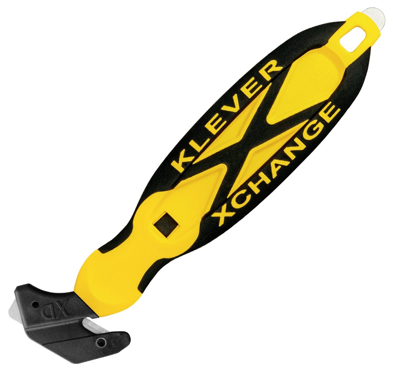 Black and yellow X-Acto/Kleever Xchange utility knife with a retractable blade on a white background.