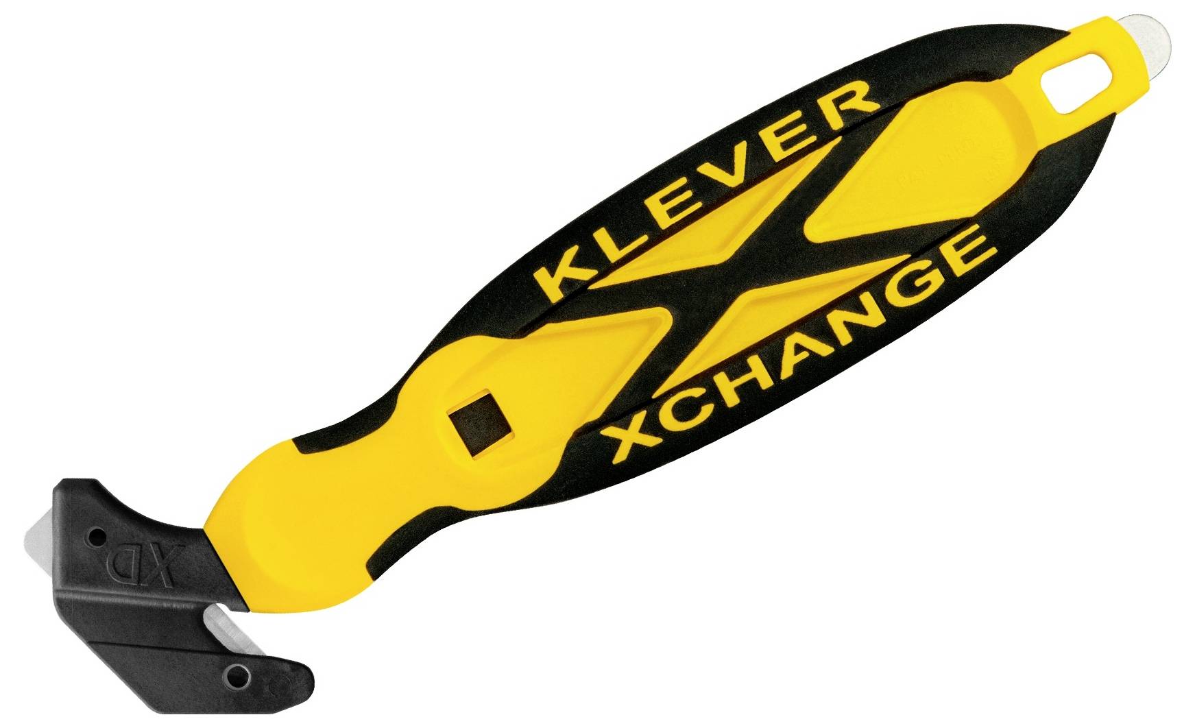 Yellow and black utility knife labeled 'KLEVER XCHANGE' with a black safety blade, shown on a white background.