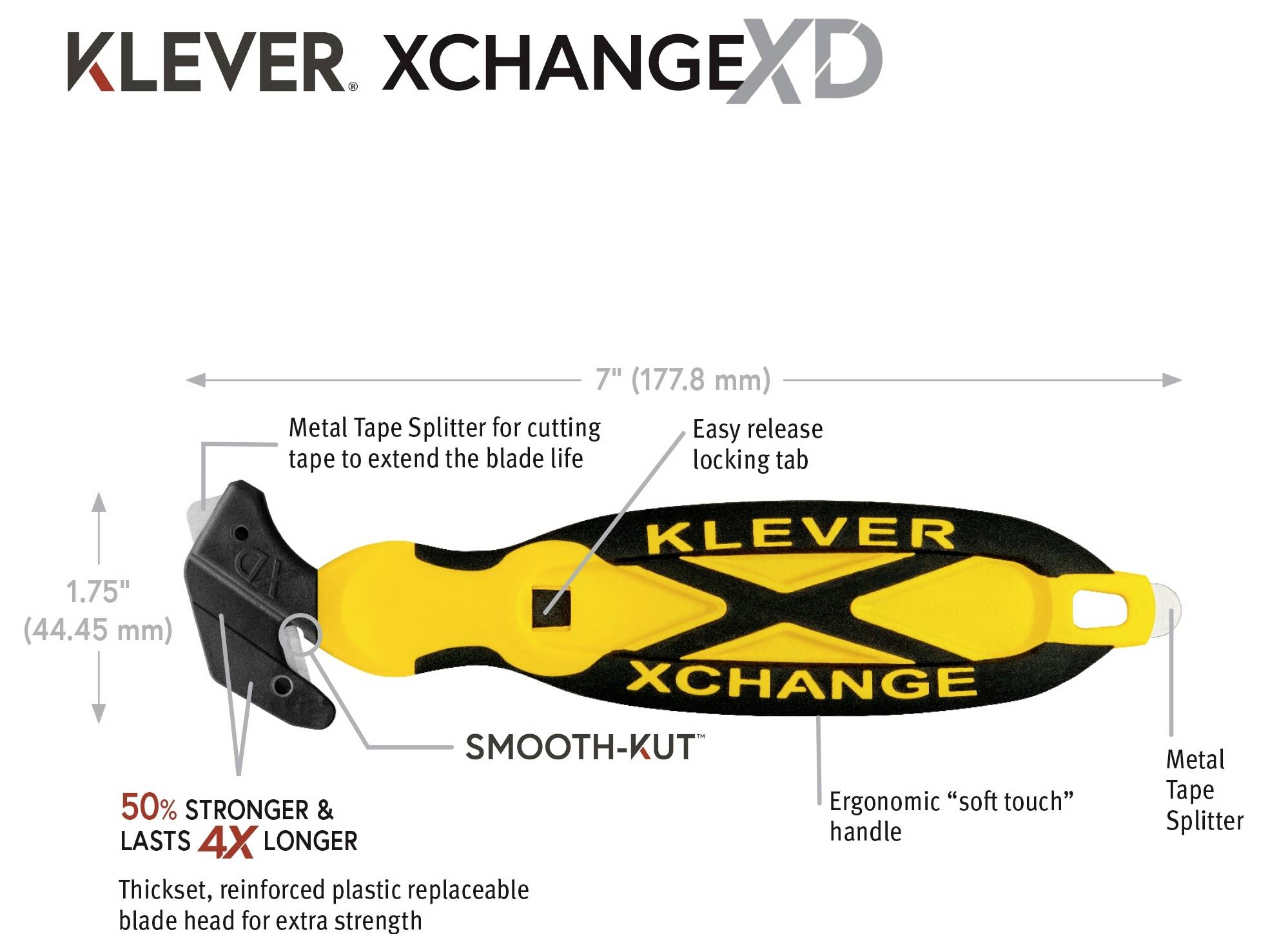 Annotated product image of the KLEVER XCHANGE XD utility knife, showing 7-inch length and features like metal tape splitter, easy-release locking tab, ergonomic soft-touch handle, and replaceable blade head.