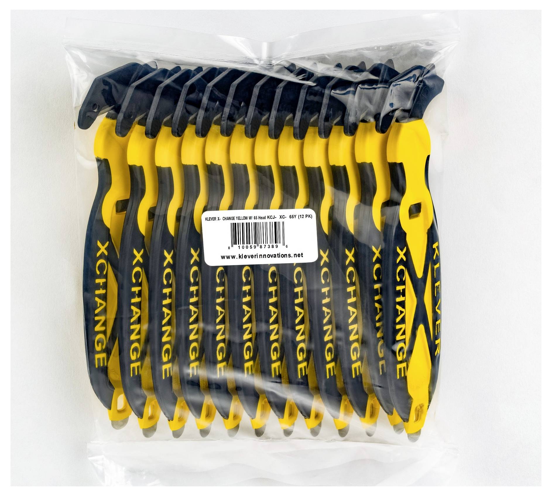 Bagged set of yellow and black 'XCHANGE' hand tools, stacked together with a product label on the front.