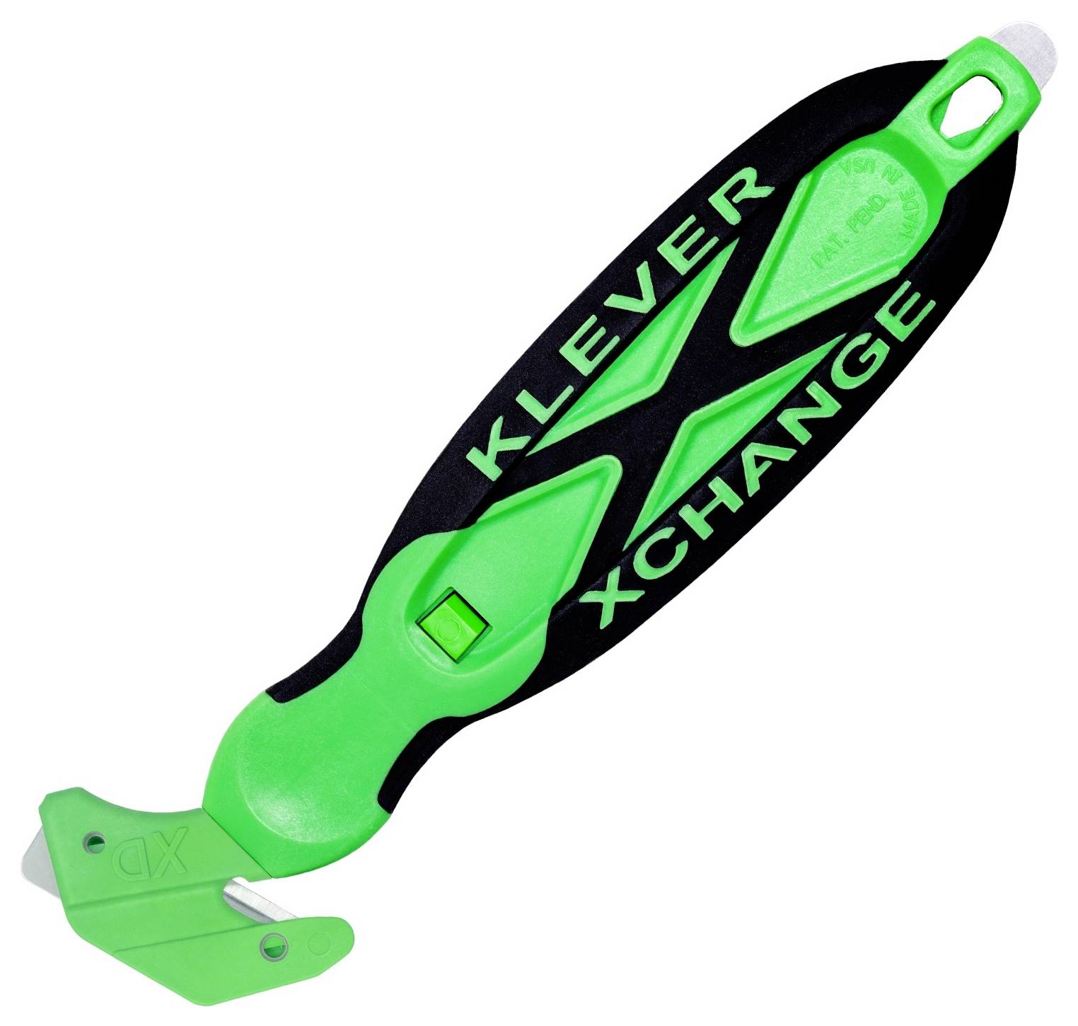 Green and black KLEVER XCHANGE utility knife with angled safety blade on a white background.