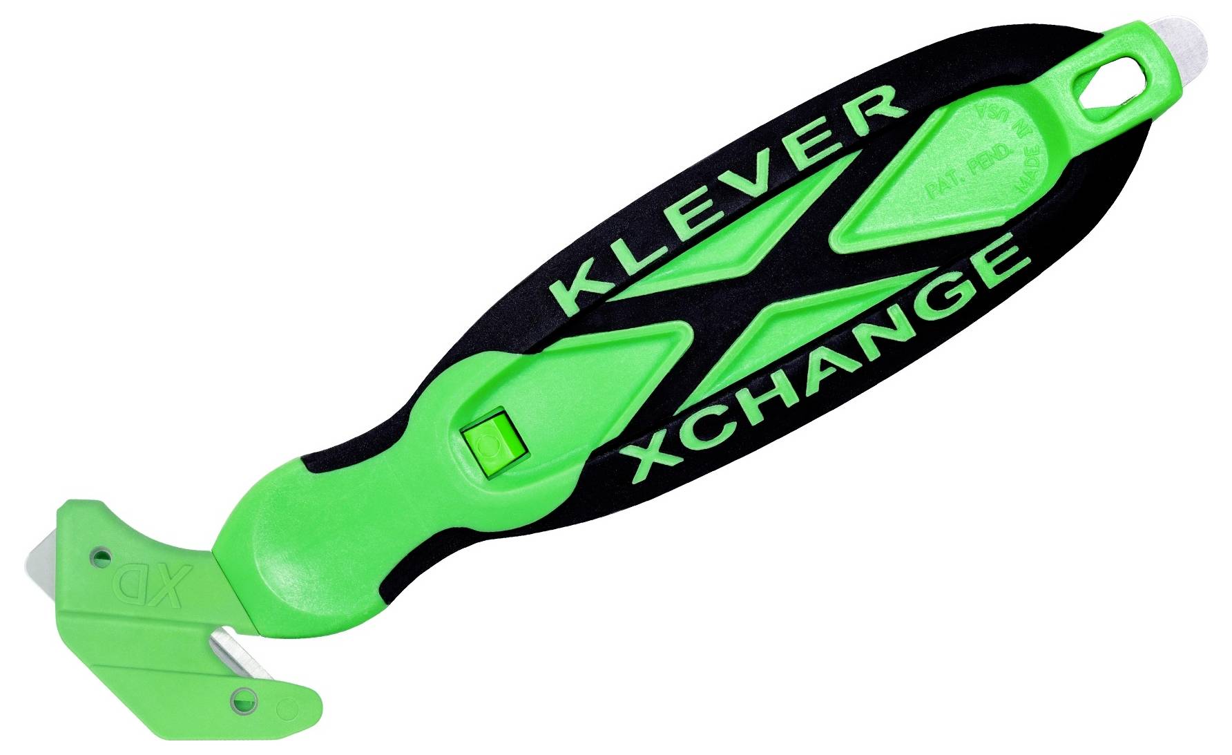Green and black KLEVER XCHANGE safety cutter with an angled blade on a white background.