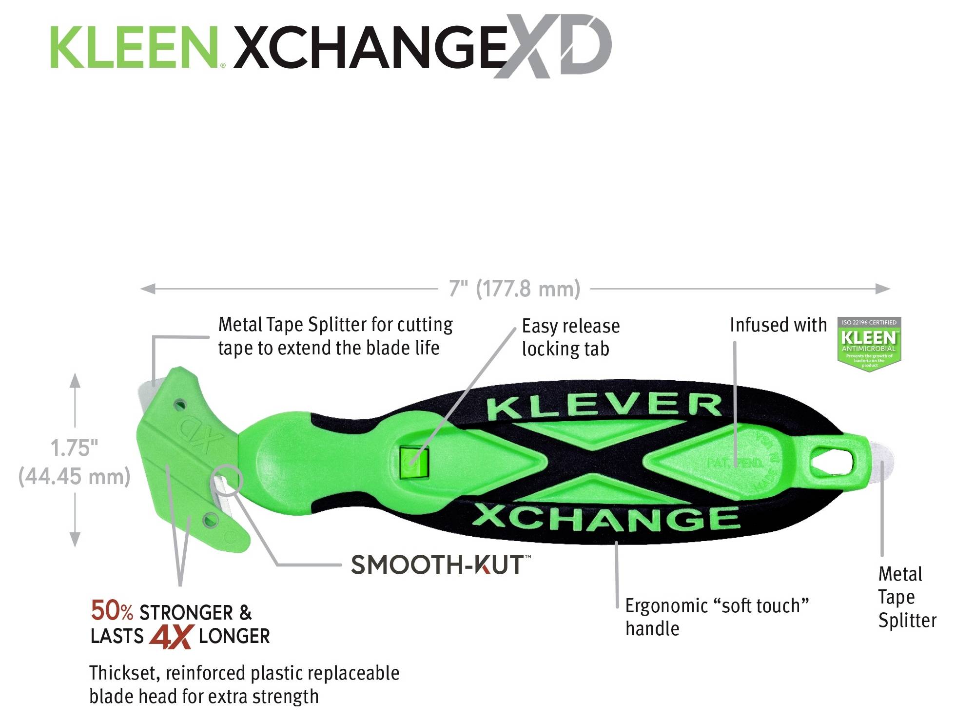 Annotated product image of a KLEEN XCHANGE XD KLEVER utility knife, showing 7-inch length, 1.75-inch blade head, and labeled features like metal tape splitter, easy release locking tab, and ergonomic soft-touch handle.