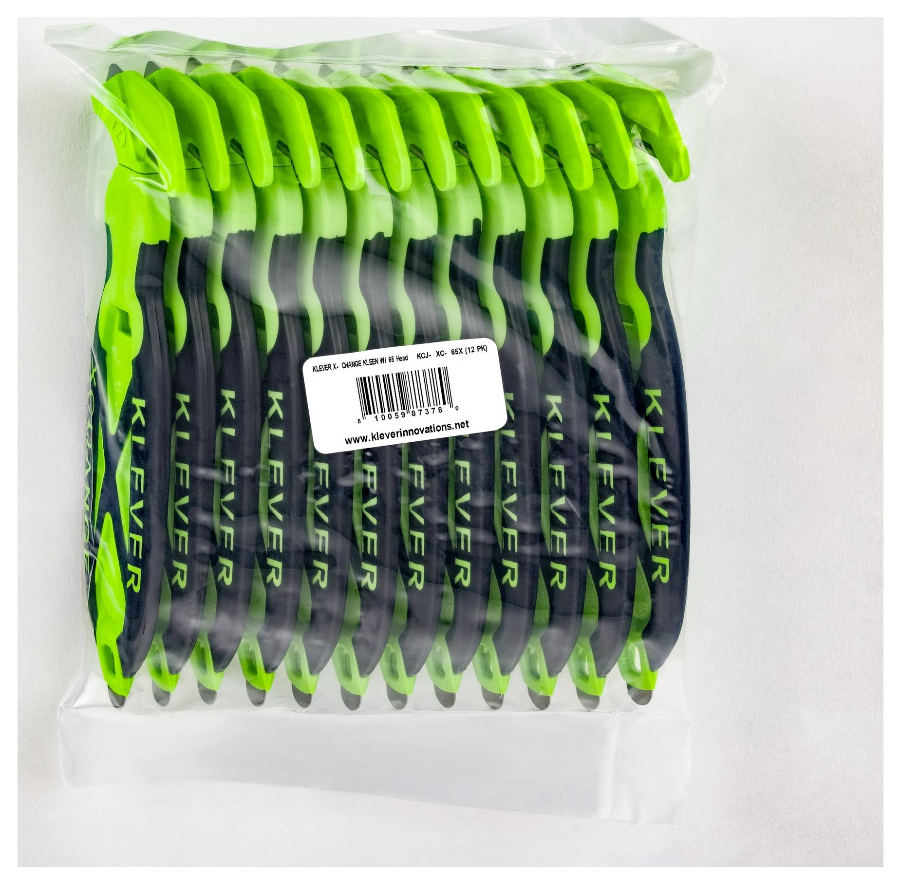 Clear plastic bag of multiple green-and-black CLEVER toothbrushes with a product barcode label.<br>