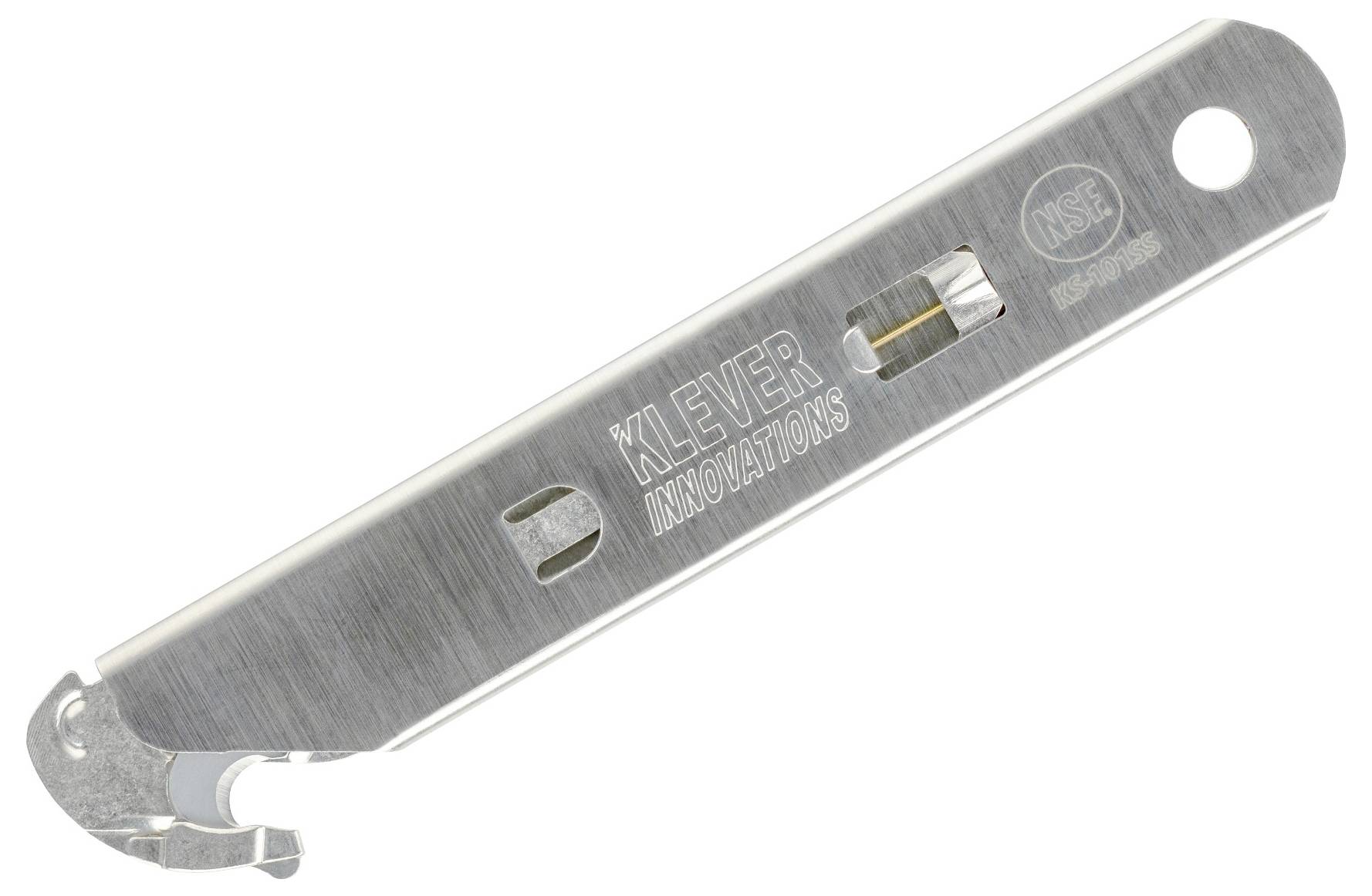 Stainless steel utility blade with a hooked cutting end, labeled 'KLEVER INNOVATIONS' and 'ANSI', shown on a white background.