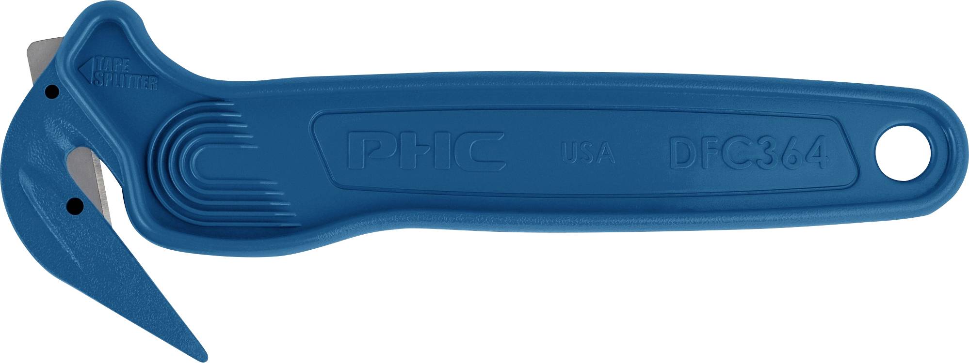Blue folding utility knife with a hooked blade and thumb grip, shown closed against a white background.