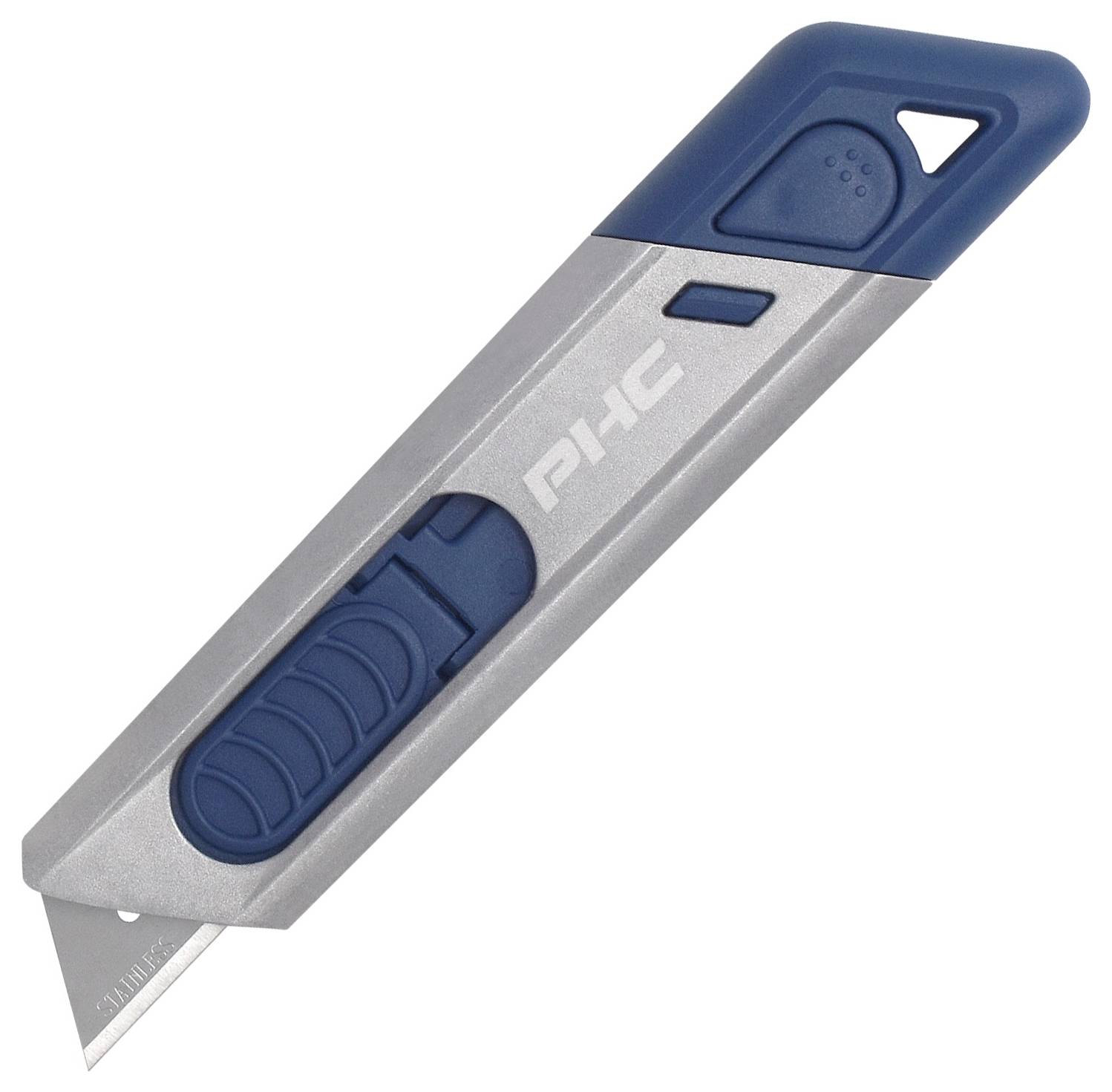 Blue and gray utility knife with retractable blade, shown diagonally on a white background.