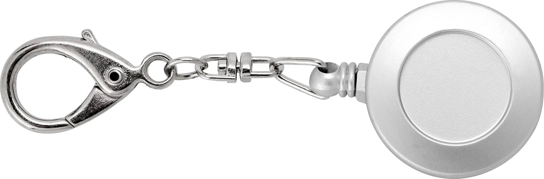 Silver retractable badge reel with metal clip and clear cable, shown on a white background.