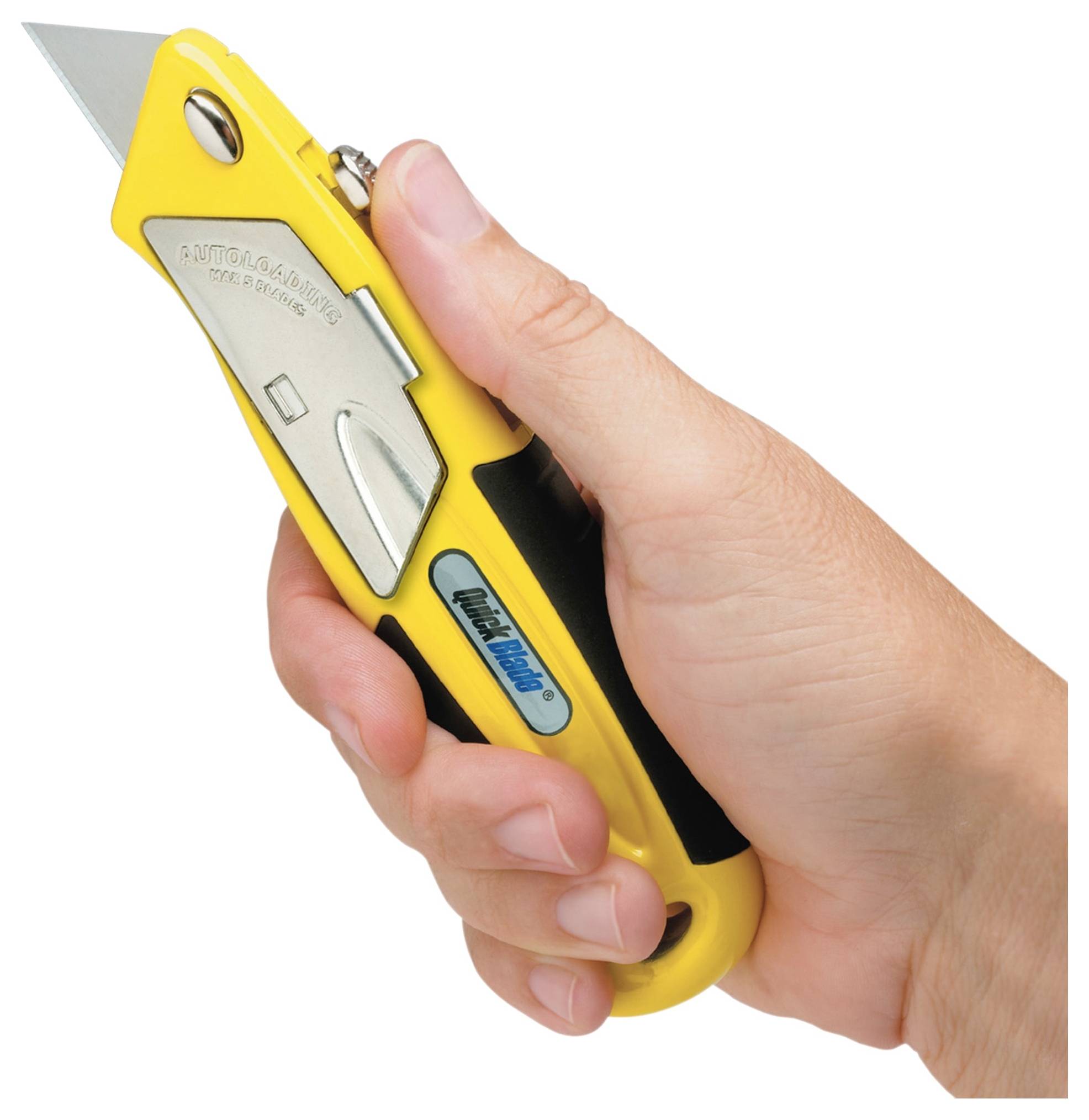 Hand holding a yellow utility knife with a partially extended blade on a white background.