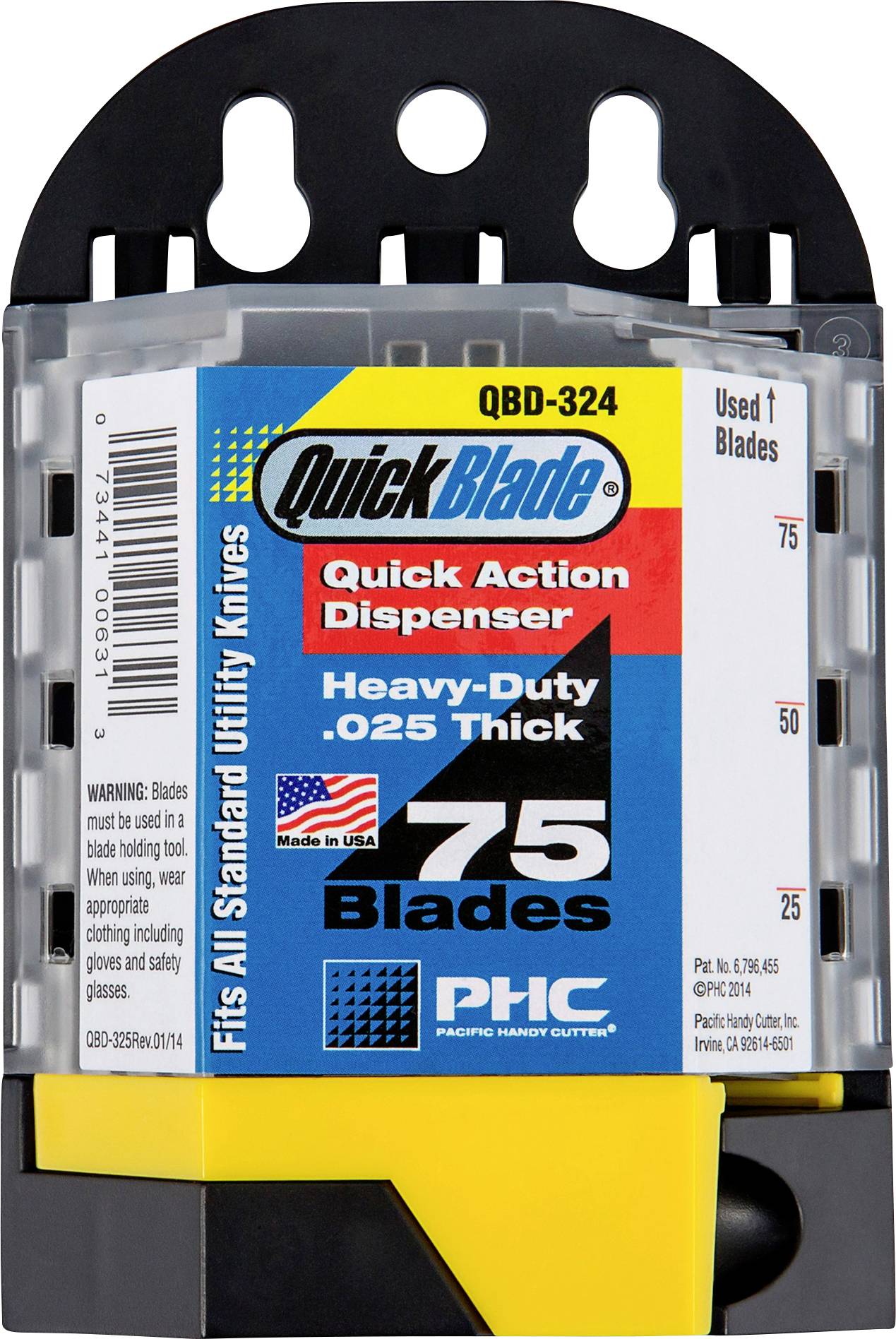 QuickBlade Quick Action Dispenser of 75 heavy-duty utility knife blades, model QBD-324, in a black and yellow wall-mounted package.