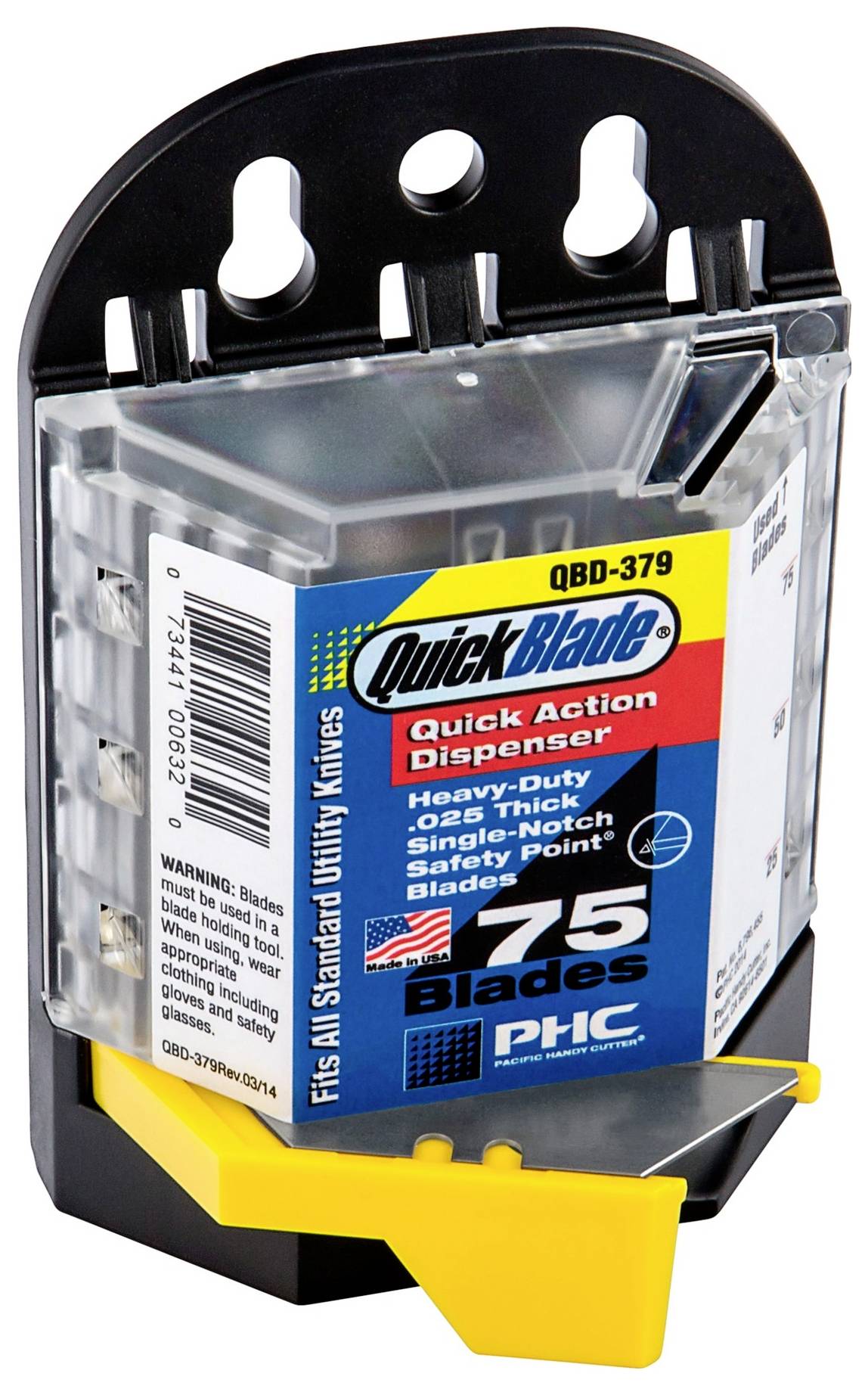 Wall-mounted QuickBlade quick-action dispenser holding PHC 75 heavy-duty single-notch utility knife blades in a clear plastic case.<br>