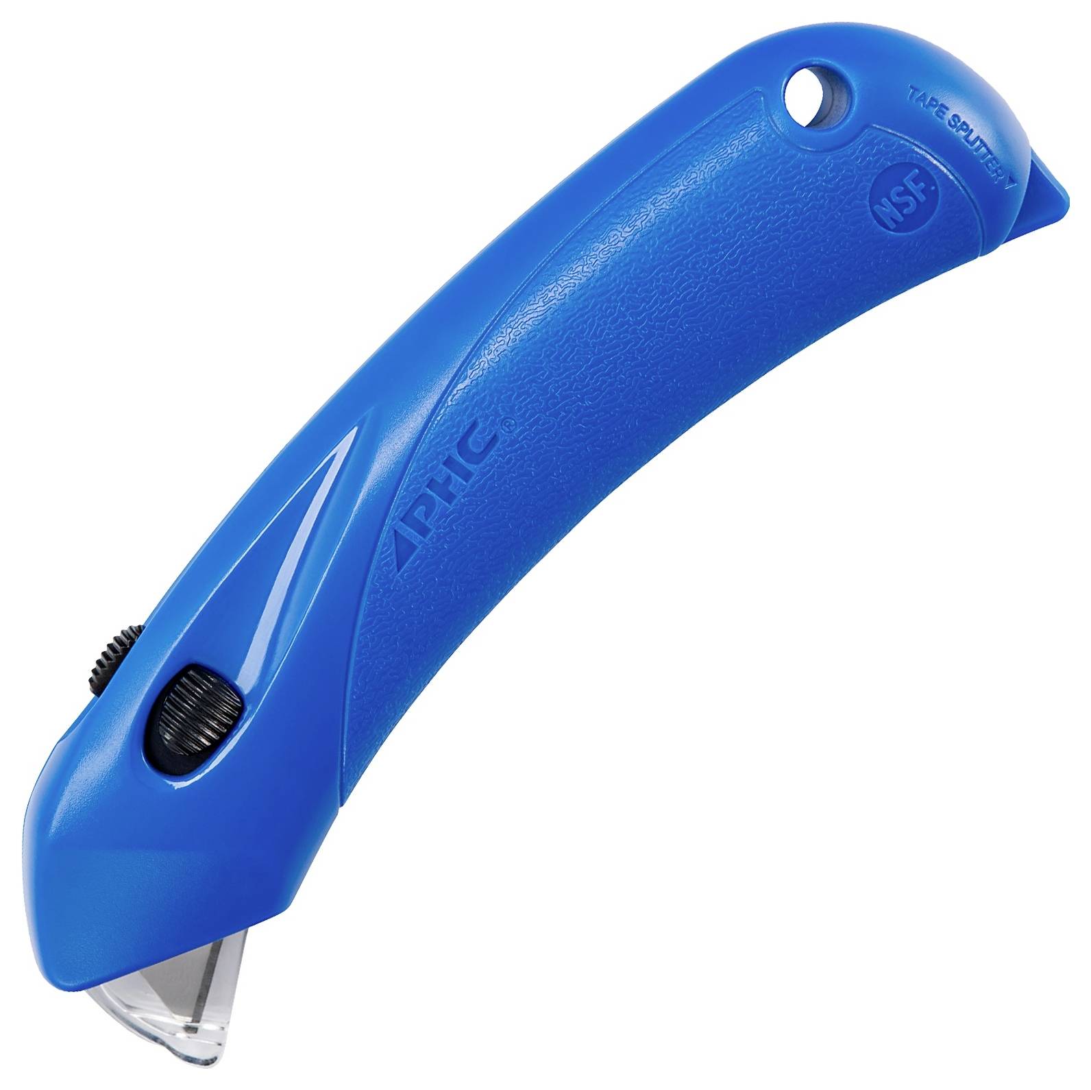 Blue retractable utility knife with a curved plastic handle and exposed blade end<br>