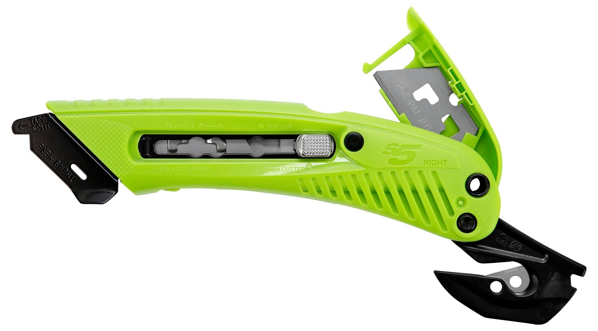 Green and black retractable utility knife shown closed on a white background, with the blade partly extended from the handle.