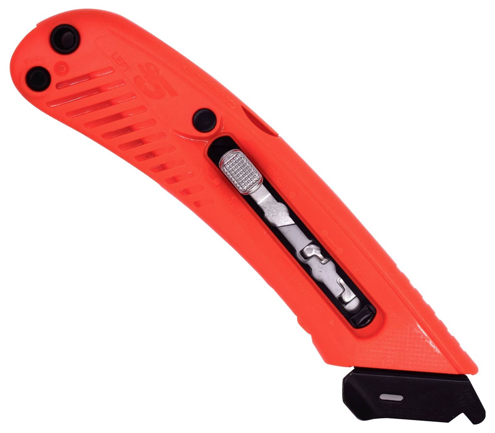 Red retractable utility knife with black blade slider and blade partially extended on a white background.