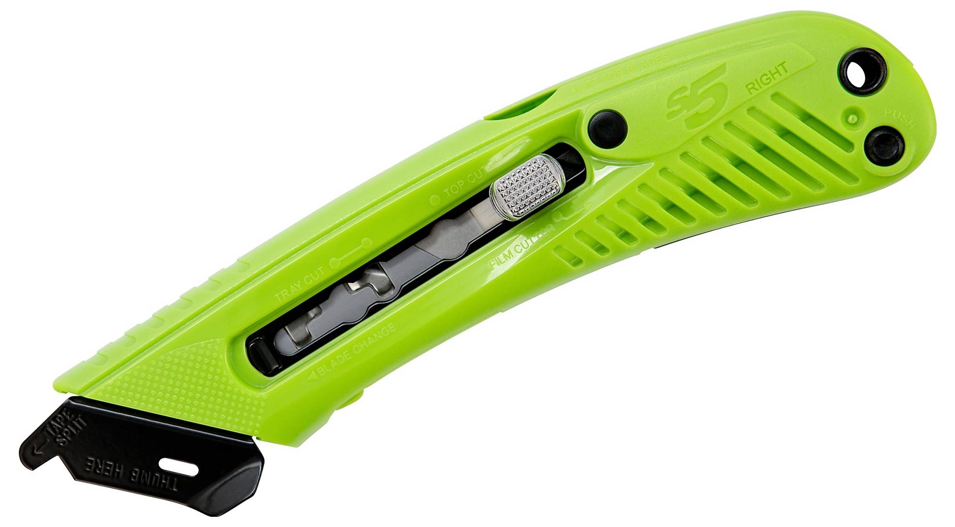 Bright green retractable utility knife with black blade slider and exposed tip on a white background.