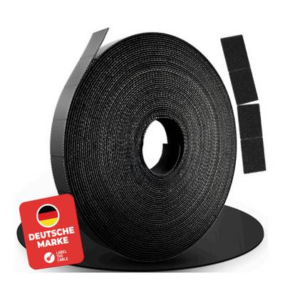 Black hook-and-loop tape roll with adhesive strips, shown on a white background with a red 'DEUTSCHE MARKE' label.