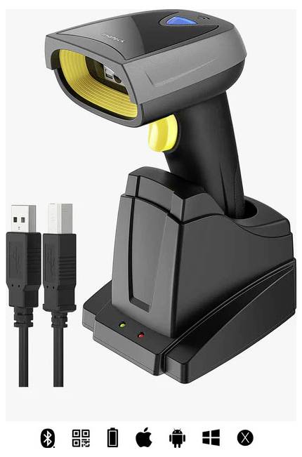 Wireless handheld barcode scanner on a charging stand, with USB cable and device compatibility icons for Bluetooth, QR code, battery, Apple, Android, Windows, and Xbox.