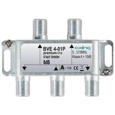 Metal coaxial 4-way splitter labeled 'BVE 4-01P' and 'axing', with five threaded cable connectors and printed signal range details.<br>