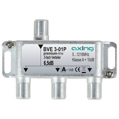 Metal coaxial cable splitter labeled 'BVE 3-01P' with three threaded ports and marked 5-1218 MHz, 6.5 dB, and 'Class A +10dB'.