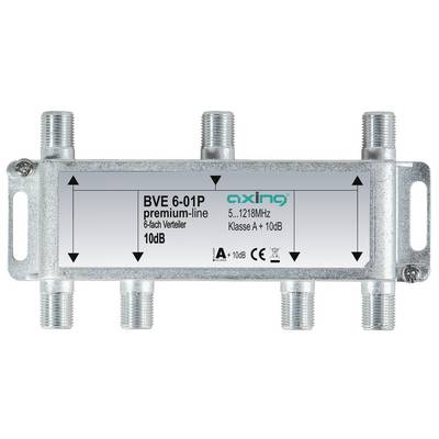 Metal coaxial splitter labeled 'BVE 6-01P premium-line' by axing, 6-way 10 dB distribution amplifier with six threaded ports.