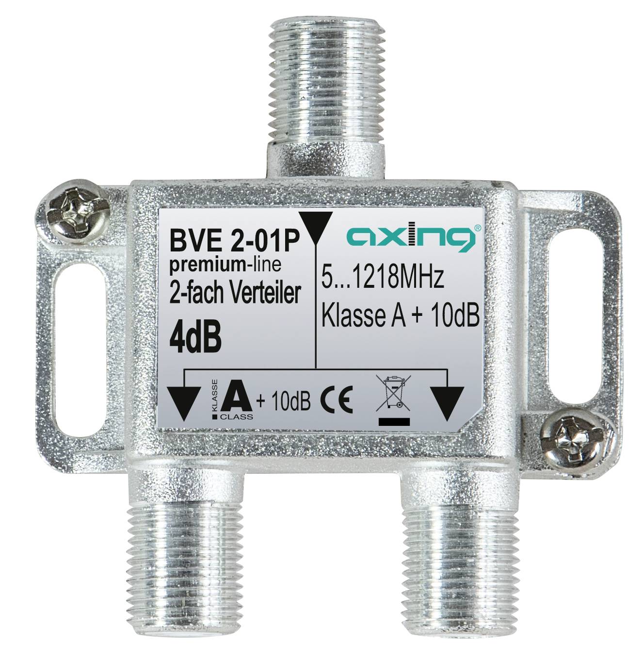 Metal coaxial 2-way splitter with three threaded connectors and mounting ears, labeled 'BVF 2-01P', '5...1218MHz', 'Klasse A + 10dB', and '4dB'.