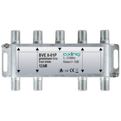 Metal coaxial signal splitter/amplifier labeled 'BVE 8-01P premium-line', with 8 outputs and 12.5 dB gain, shown front view with F-type connectors.