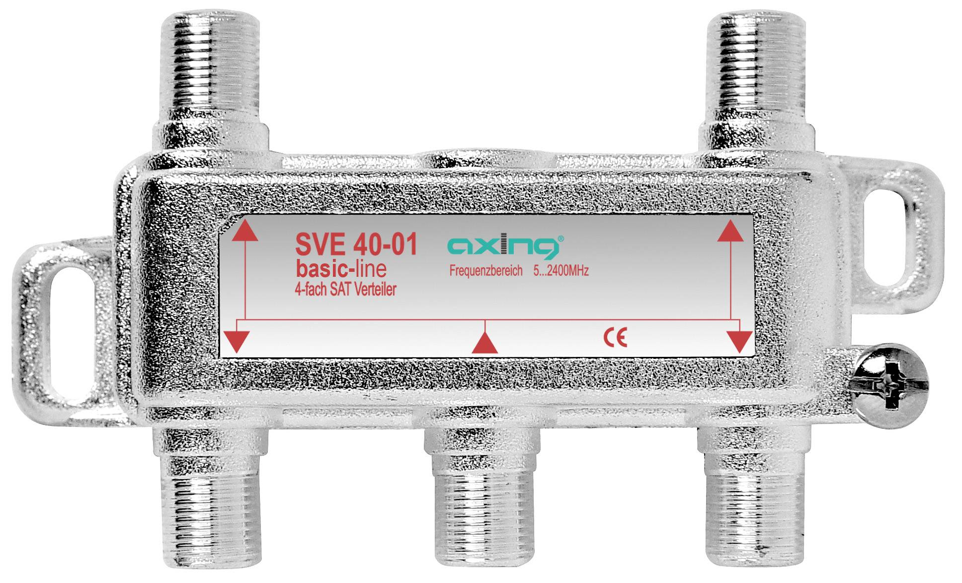 Metal coaxial TV splitter labeled 'SVE 40-01 basic-line', a 4-way SAT distributor with four threaded cable ports on a white background