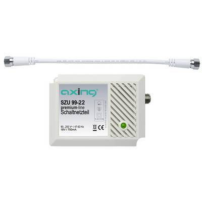 White AXING SZU 99-22 premium-line switch power supply with green status light and attached coaxial cable on a plain background.