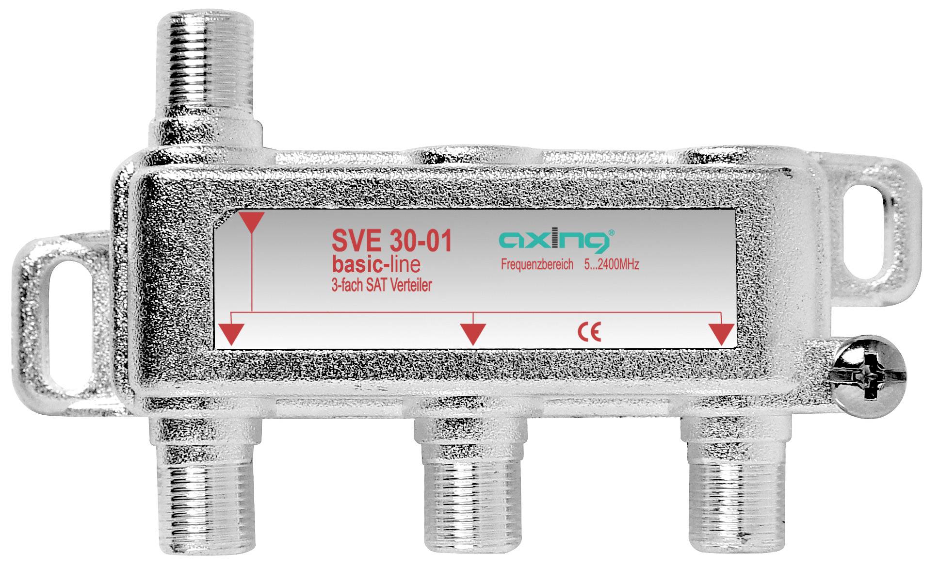 Metal satellite TV line splitter labeled 'SVE 30-01', with one input and three output connectors for 5-2400 MHz signals.<br>