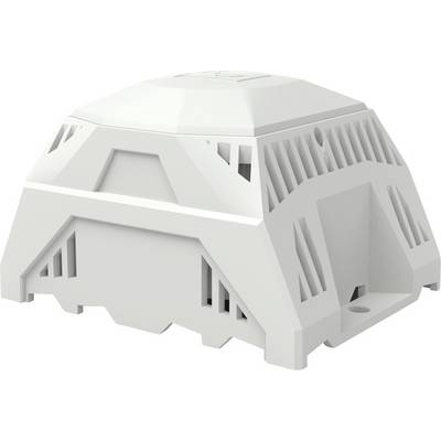 White plastic electrical housing or cover with slotted ventilation openings, shown in three-quarter view on a white background.