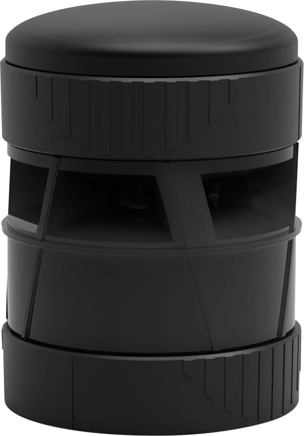 Black cylindrical plastic vent cap with slotted side openings and ribbed bands, shown on a white background.