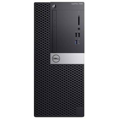 Front view of a Dell OptiPlex 7060 desktop tower with mesh grille, power button, USB ports, audio jack, and Dell logo panel.