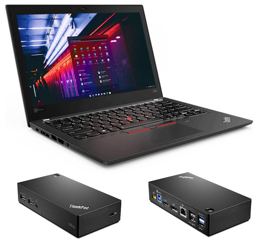 Lenovo ThinkPad laptop shown with a dock and compact black Lenovo ThinkPad USB-C hub for connecting peripherals and monitors.<br>