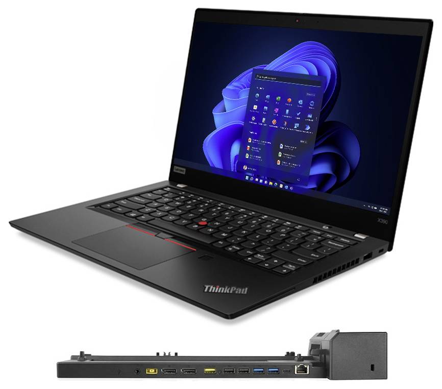 Black ThinkPad laptop shown open with Windows 11 on screen, plus side view highlighting ports and attached docking/expansion module.