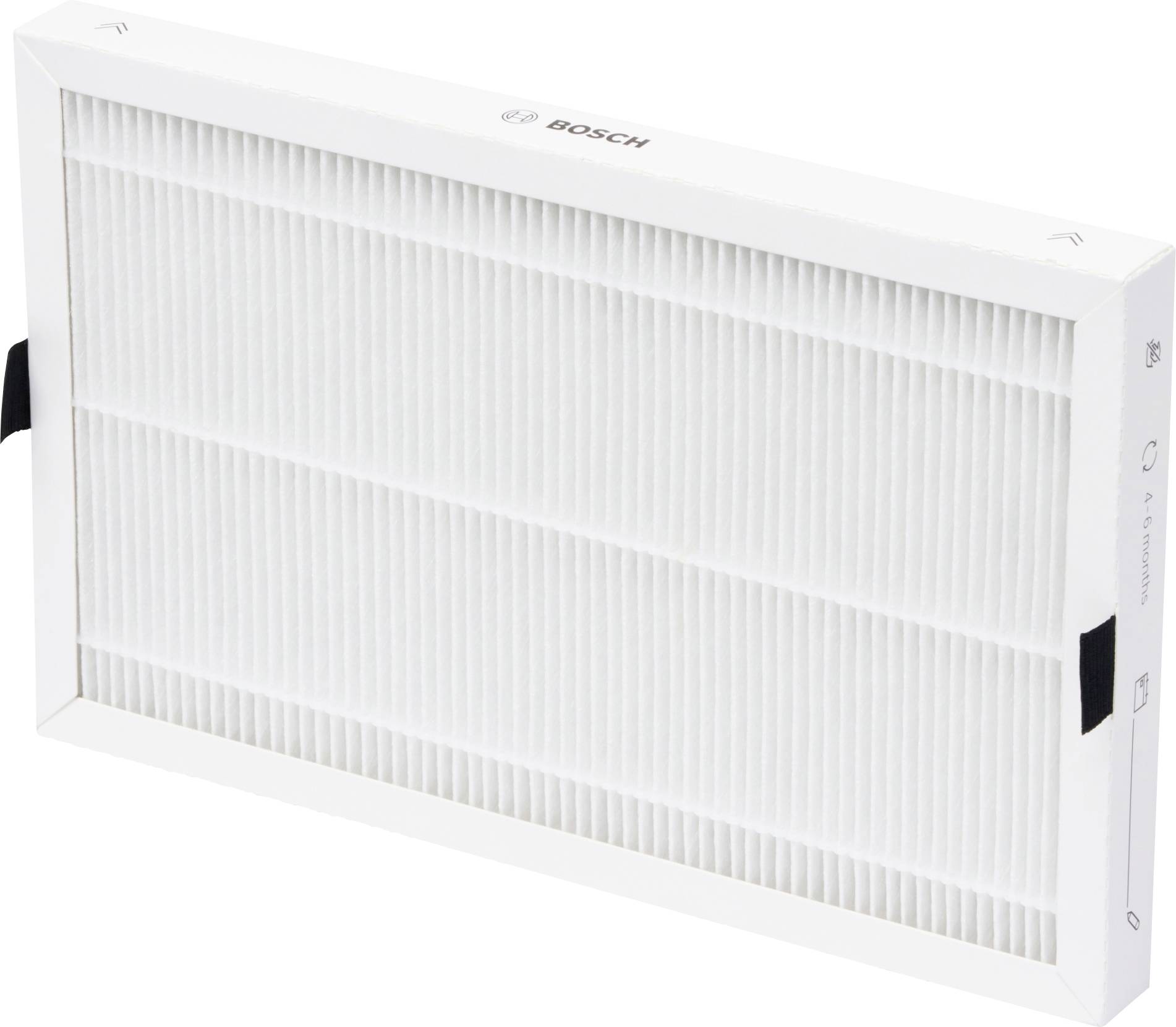 White Bosch rectangular air filter with pleated panels and side tabs, shown on a plain background.