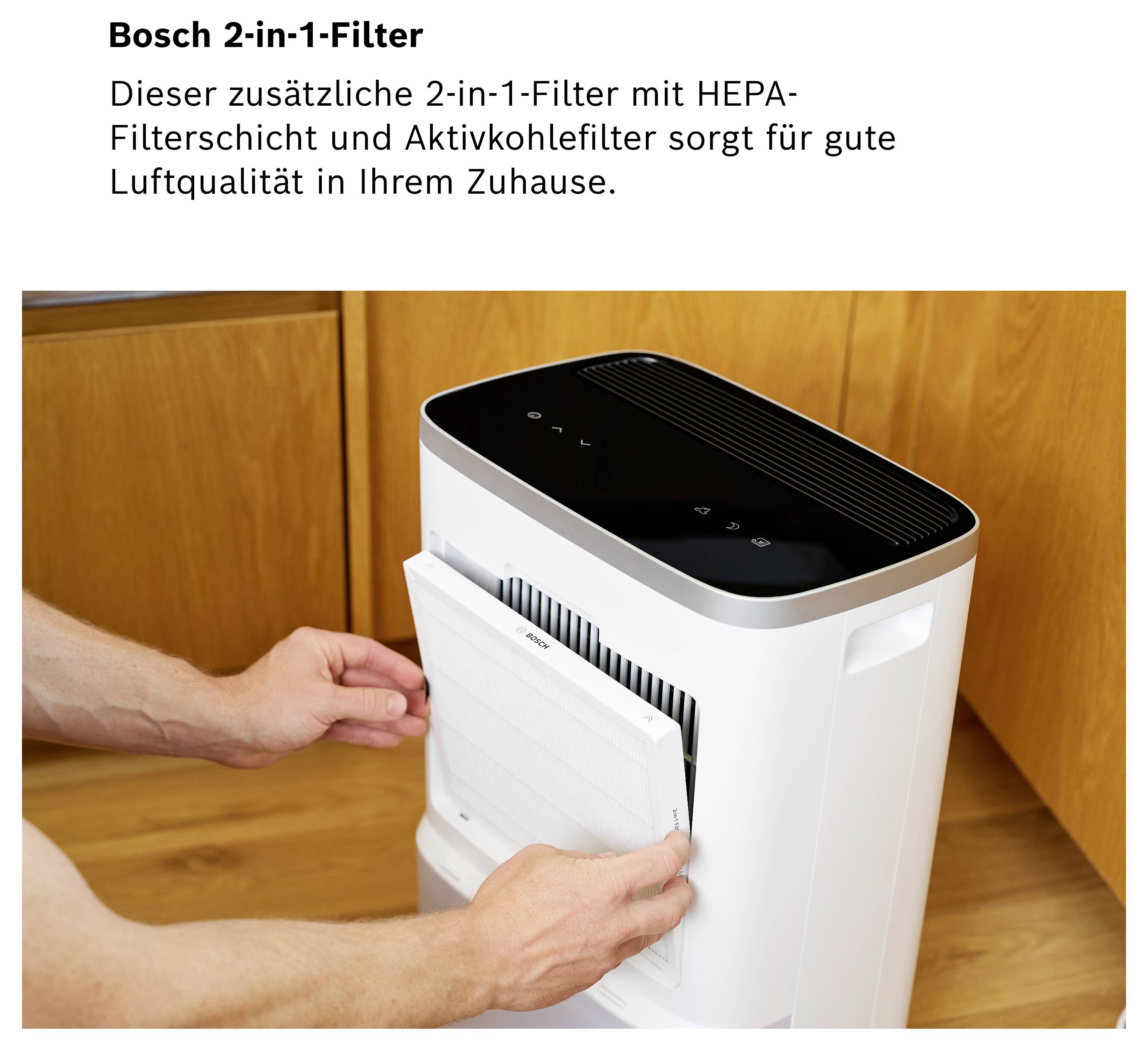 Bosch 2-in-1 filter with HEPA and activated carbon filter is used in an air purifier to improve air quality.