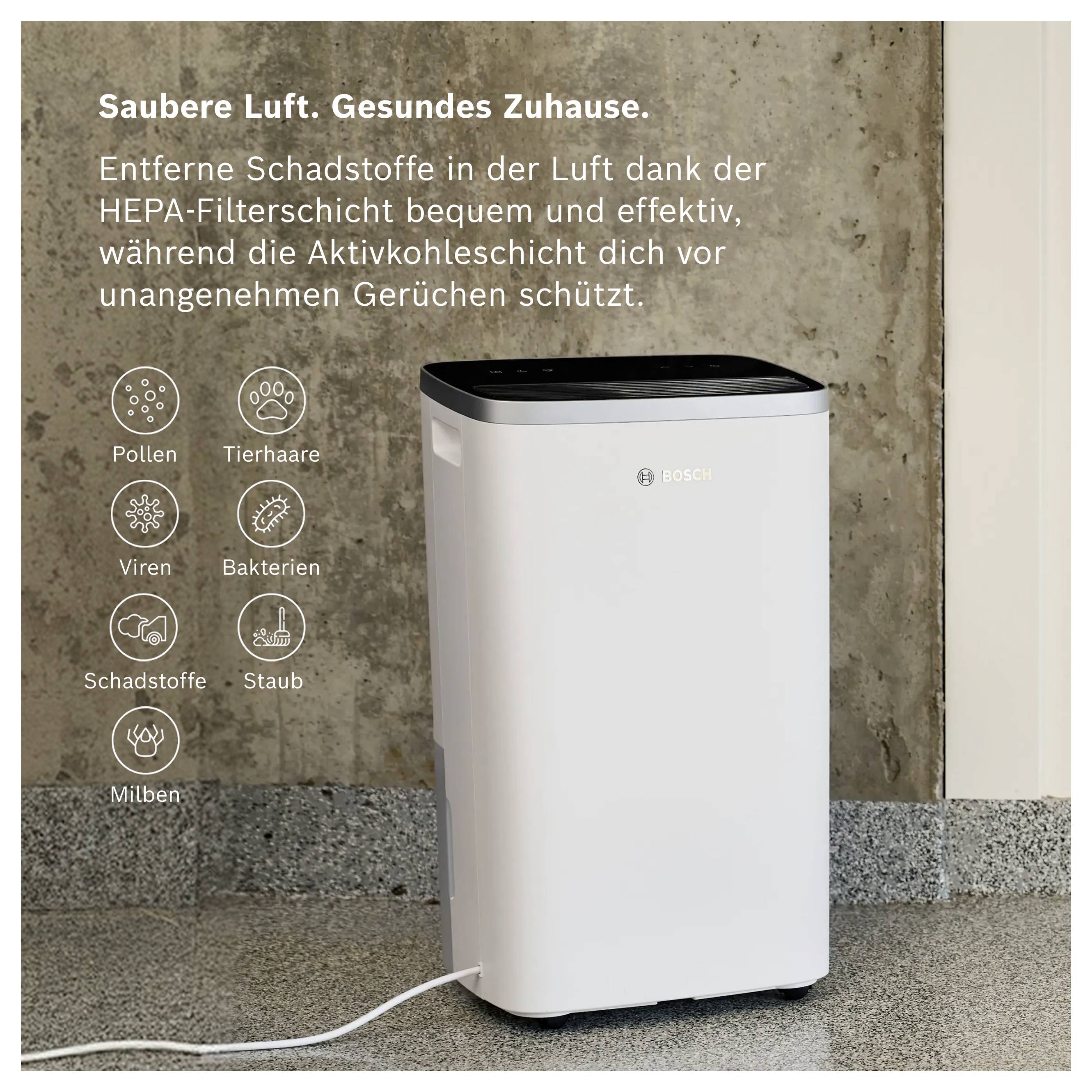 Bosch air purifier in a room; advertising text states 'Clean air. Healthy home.' and protection against pollen, viruses, dust and odours.