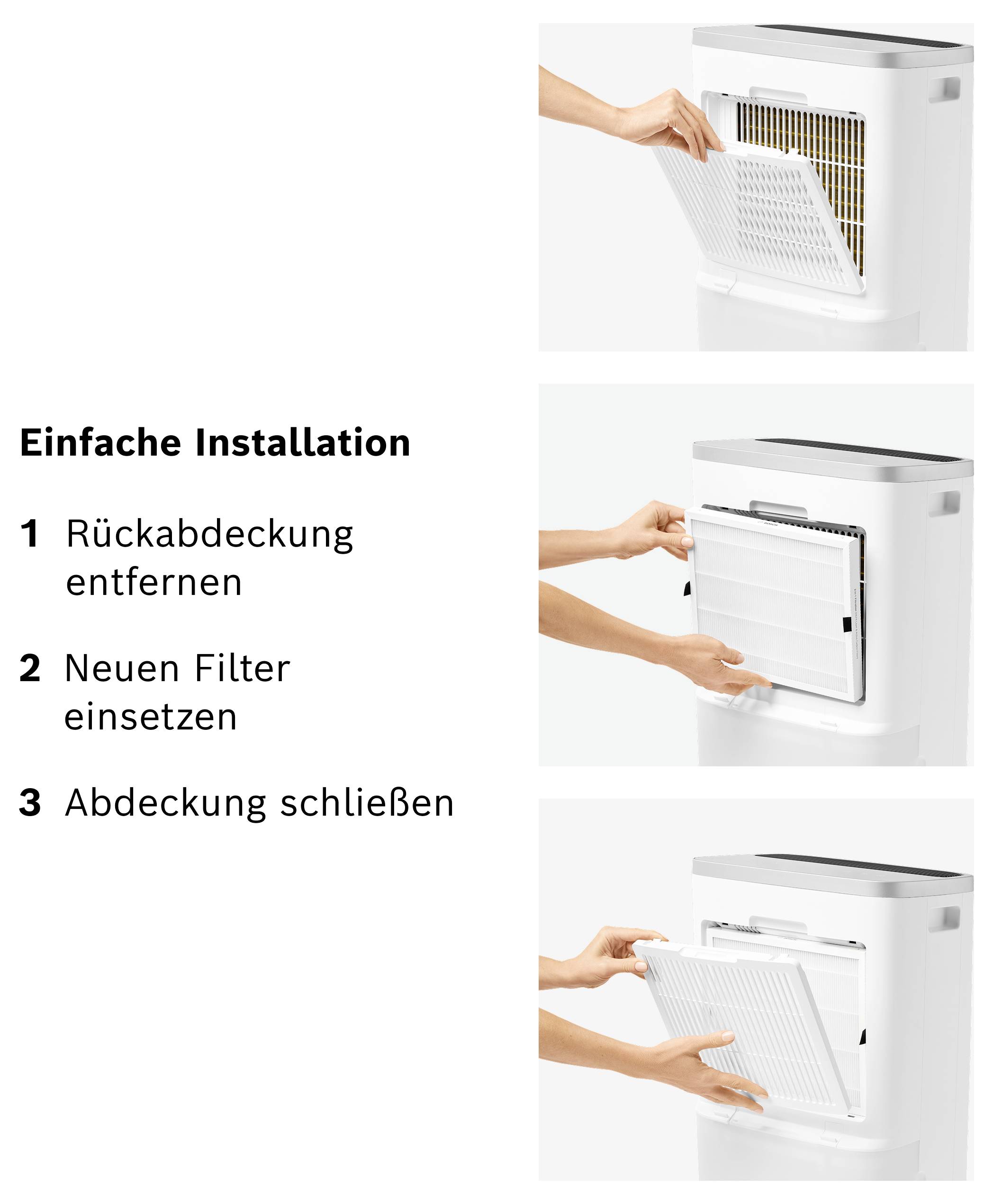 Instructions for Simple Air Filter Installation: 1 Remove rear cover, 2 Insert new filter, 3 Close cover.