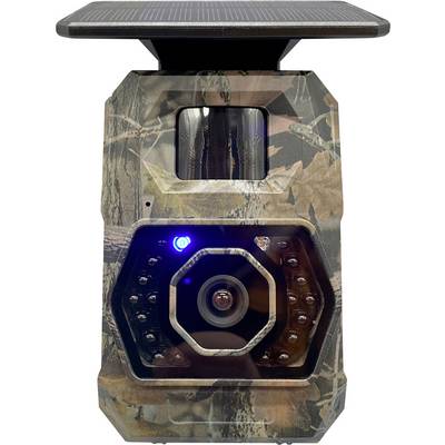 Camouflage trail camera with solar panel on top and a lens with infrared LEDs on the front.